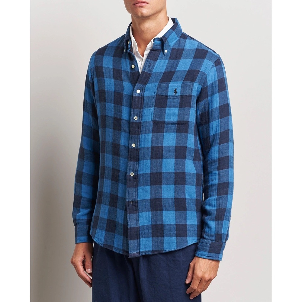 Polo Ralph Lauren Mens Classic Fit Indigo Plaid Double-Faced Shirt Blue Buffalo